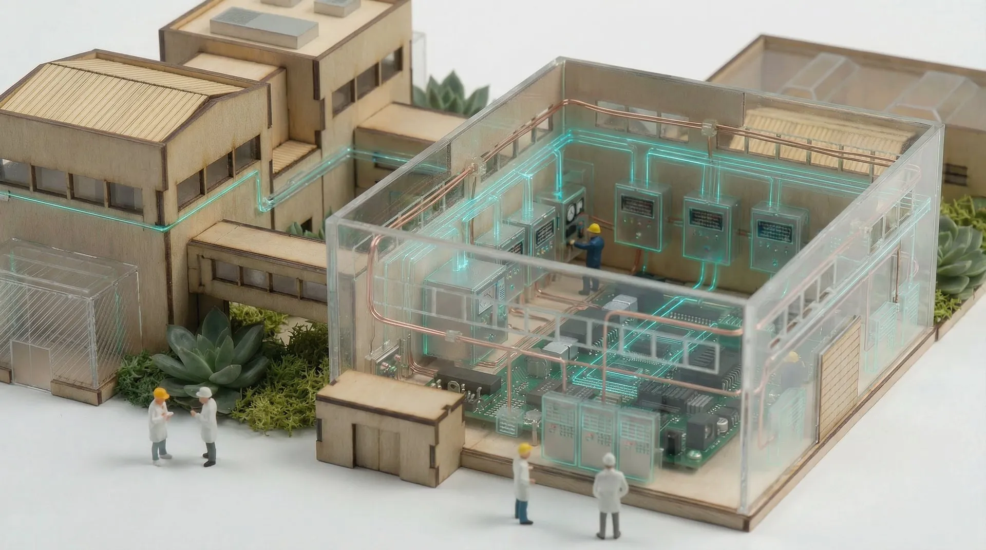 Blueprint diorama of an industrial energy monitoring facility